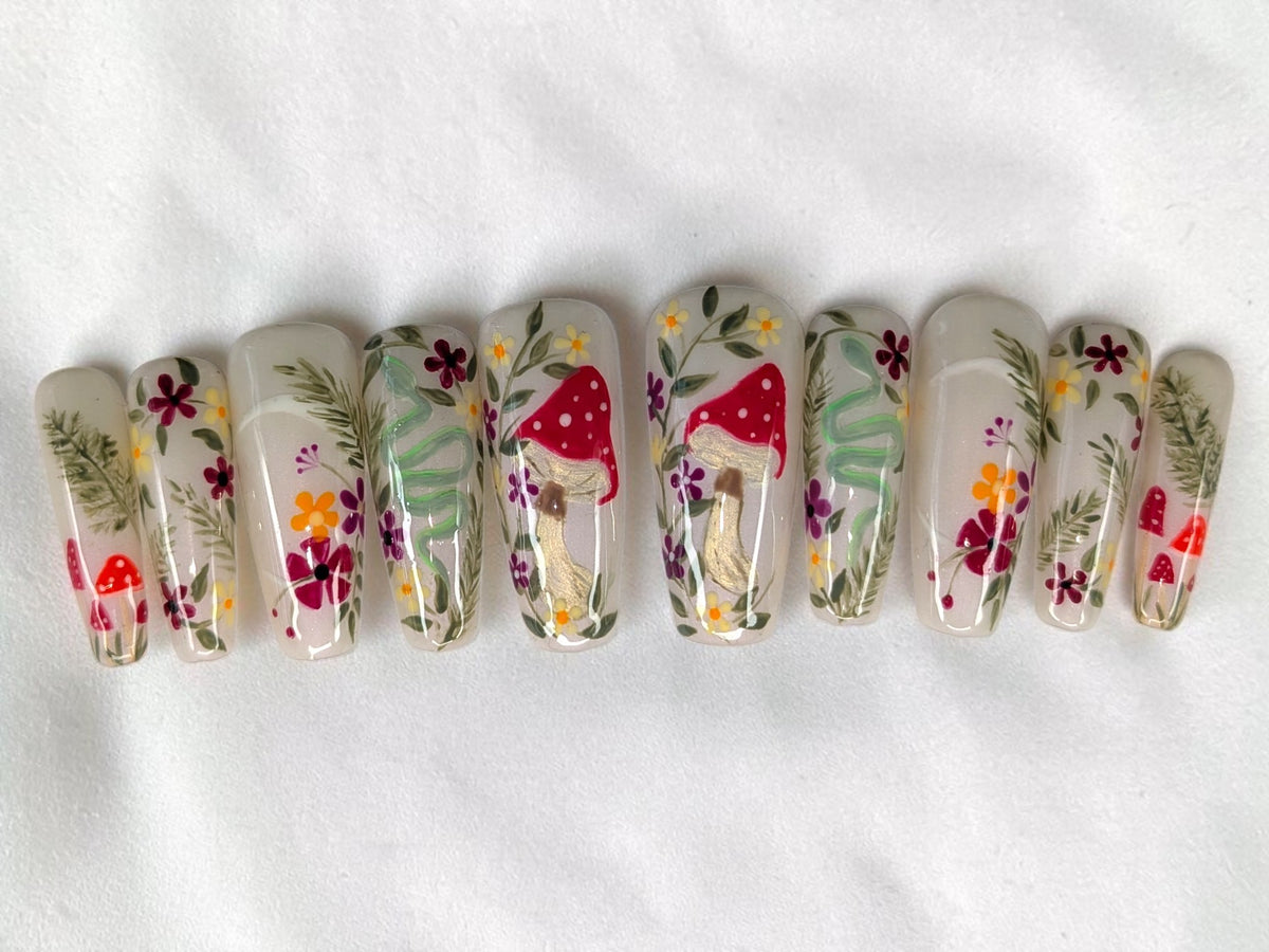 Woodland whimsical Hand Painted Made To   Order Press on Nails